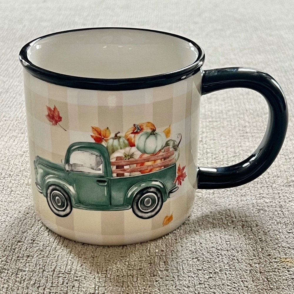 Robert Stanley Fall Harvest Pumpkin Truck Gingham Ceramic Coffee Mug